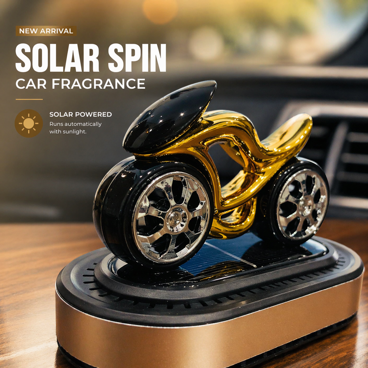 Solar powered car fragrance diffuser with rotating rims in gold and black finish for car dashboard