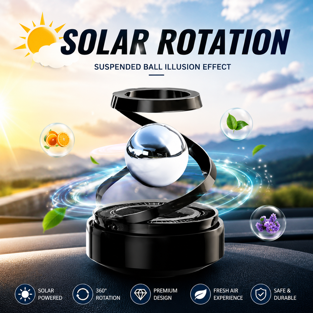 Solar Rotation Car Dashboard Ornament – 360° Rotating Floating Ball Decor