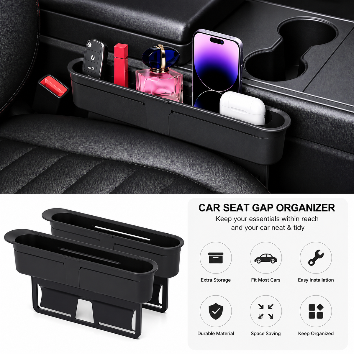 Car Seat Gap Organizer – Adjustable Car Storage Box & Seat Side Pocket OrganizerCar Seat Gap Organizer – Adjustable Car Storage Box & Seat Side Pocket Organizer