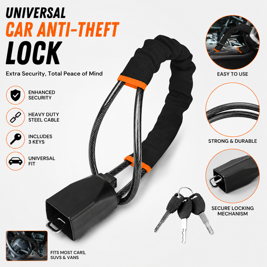 Universal car anti-theft lock with features highlighted on a white background