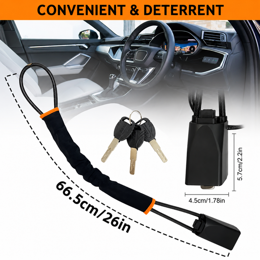Car security cable with key fob and measurement details on a car interior background