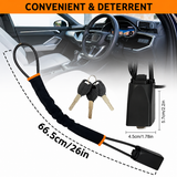 Car security cable with key fob and measurement details on a car interior background