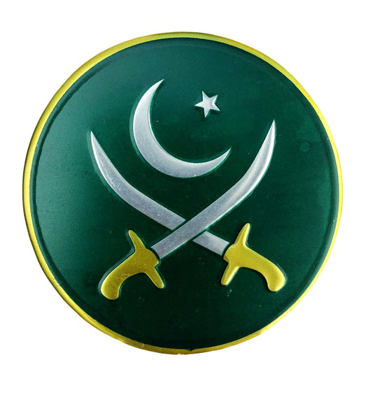 Round Sword & Flag Chrome Embossed Sticker – Front Closeup