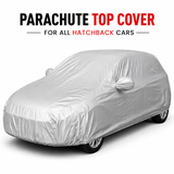 Silver waterproof parachute car top cover installed on hatchback car with full body protection design