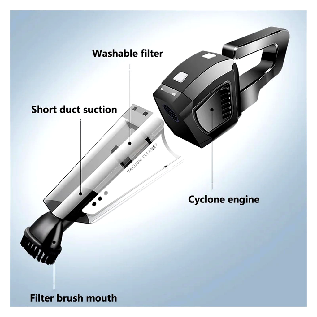 Diagram of a handheld vacuum cleaner with labeled parts on a light blue background