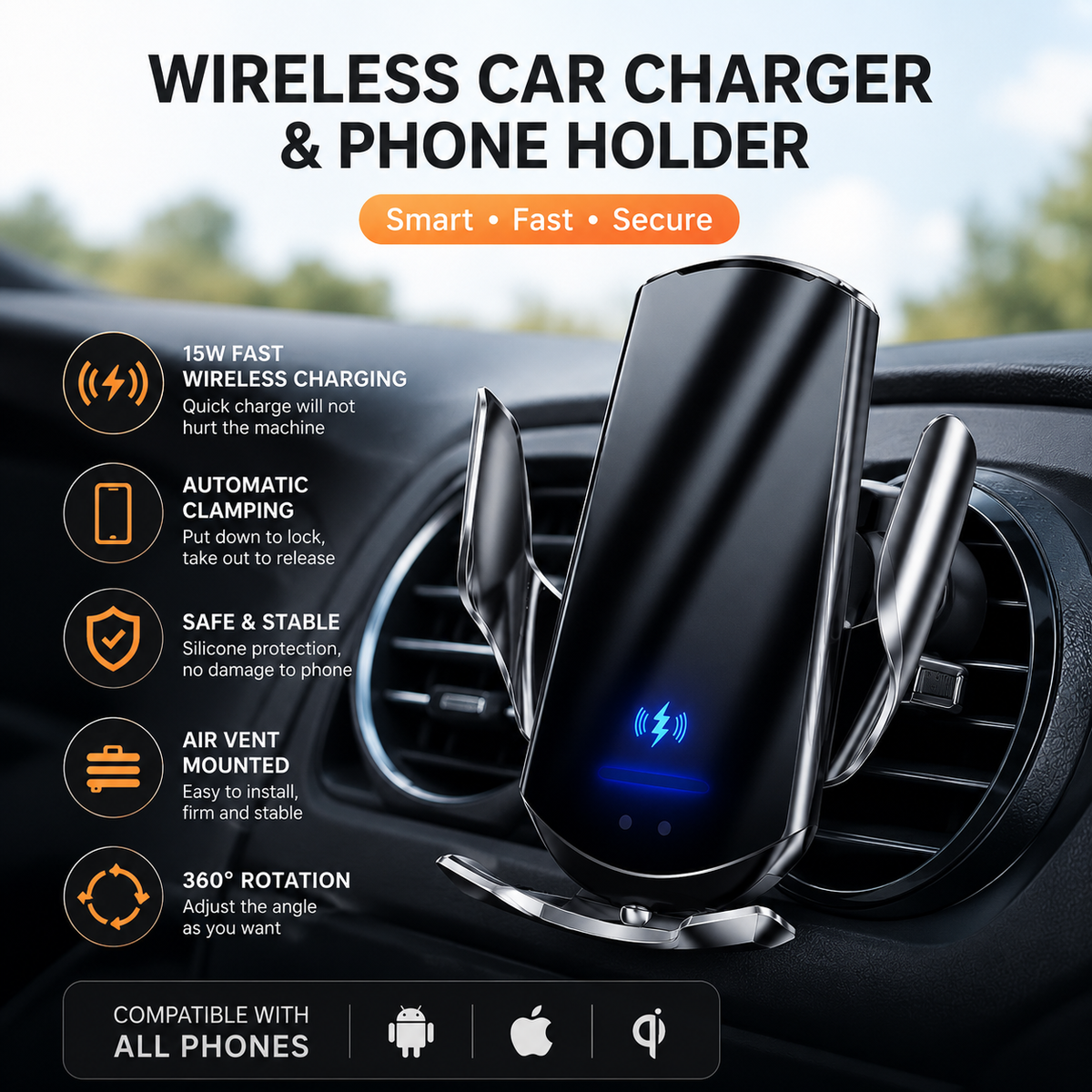 Q3 Smart Sensor wireless car charger phone holder with air vent mount, box, cable and accessories
