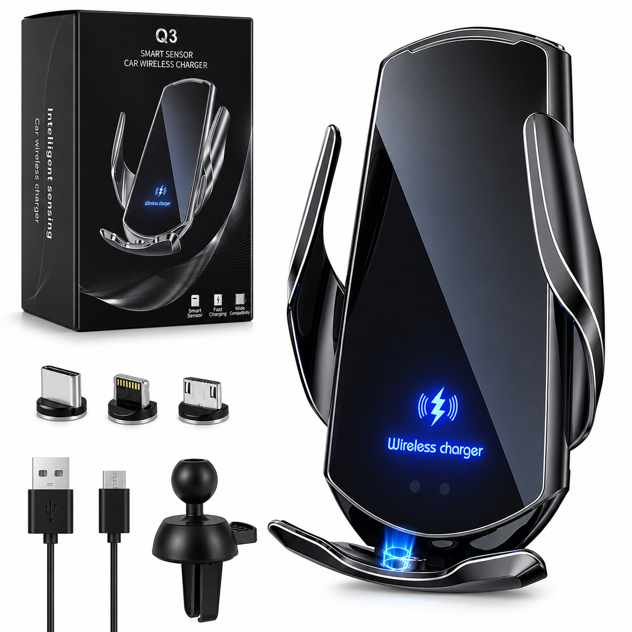 Q3 wireless car charger and phone holder mounted on car AC air vent with automatic clamping