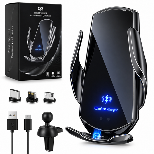 Q3 wireless car charger and phone holder mounted on car AC air vent with automatic clamping