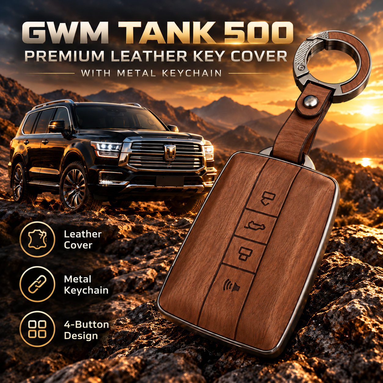 GWM Tank 500, Tank 500 Key Cover, Leather Key Case, Metal Keychain, Tan Brown Key Cover, 4 Button Key Cover, Car Key Accessories