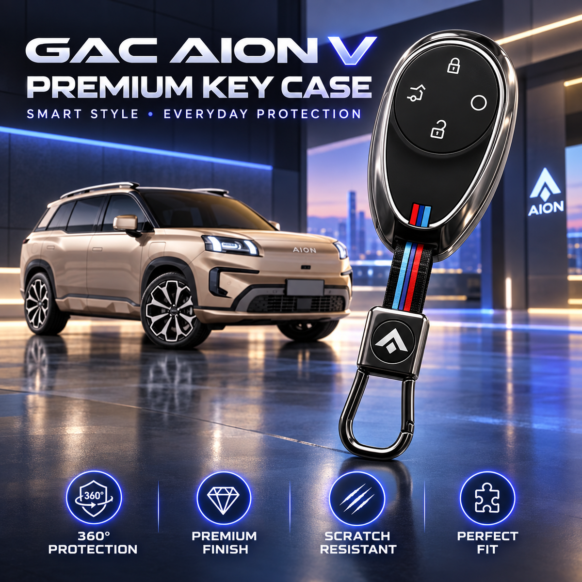 GAC AION V, AION V Key Cover, AION V Key Case, GAC AION Accessories, AION Accessories, Metal Key Cover, Smart Key Cover, 4 Button Key Cover, Car Key Case, Black Key Cover, Gunmetal Key Cover, Premium Keychain, Electric Car Accessories, Key Protector, AION Keychain
