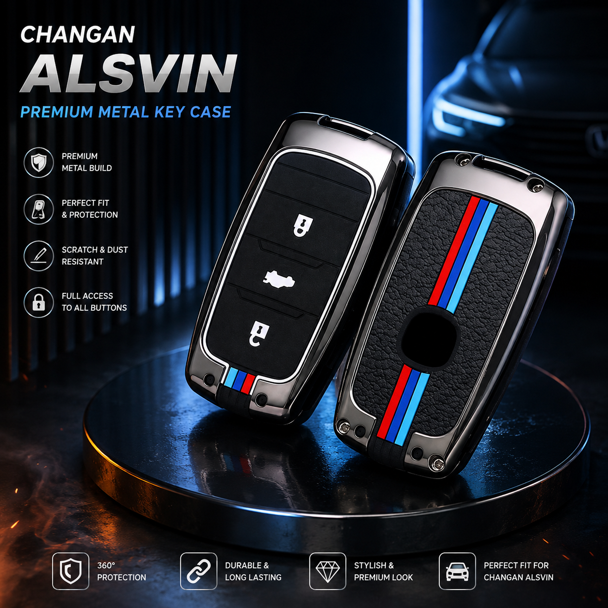 Changan Alsvin, Changan Alsvin Accessories, Changan Alsvin Key Cover, Alsvin Key Case, Changan Key Cover, Metal Key Cover, Premium Key Case, 3 Button Key Cover, Smart Key Cover, Car Key Protection, Gunmetal Key Cover, Car Key Accessories, Changan Accessories, Key Case Pakistan, Shark Auto