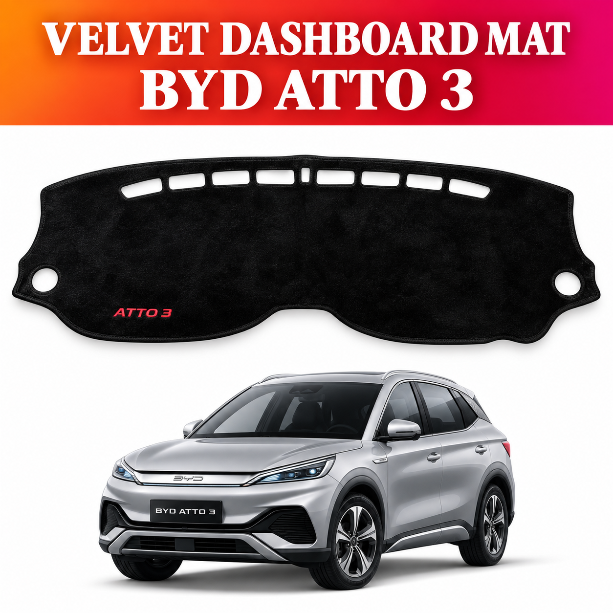 BYD Atto 3, BYD Accessories, Atto 3 Accessories, Dashboard Mat, Velvet Dashboard Mat, Dashboard Cover, Car Interior Accessories, Custom Fit Dashboard, Black Dashboard Mat, Fur Touch Dashboard, Anti Glare Dashboard Mat, Dashboard Protector