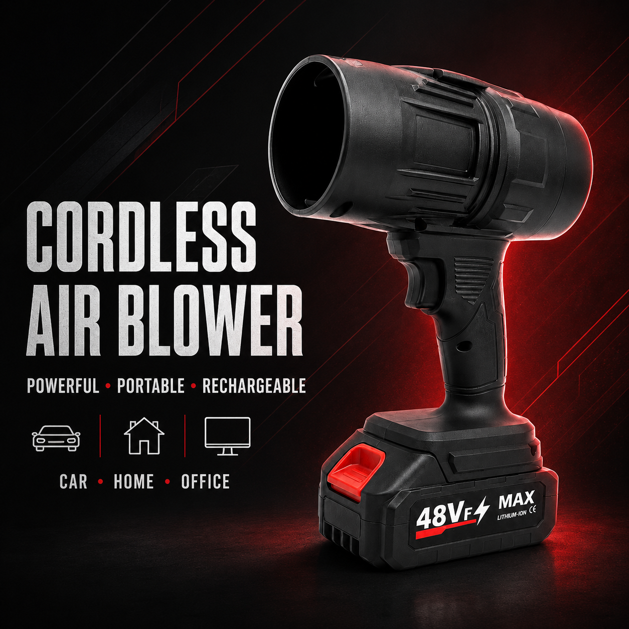A cordless air blower tool in black with a red accent on the battery, shown on a dark red and black promotional background with text reading 'CORDLESS AIR BLOWER' and icons for car, home, and office use.
