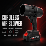 A cordless air blower tool in black with a red accent on the battery, shown on a dark red and black promotional background with text reading 'CORDLESS AIR BLOWER' and icons for car, home, and office use.