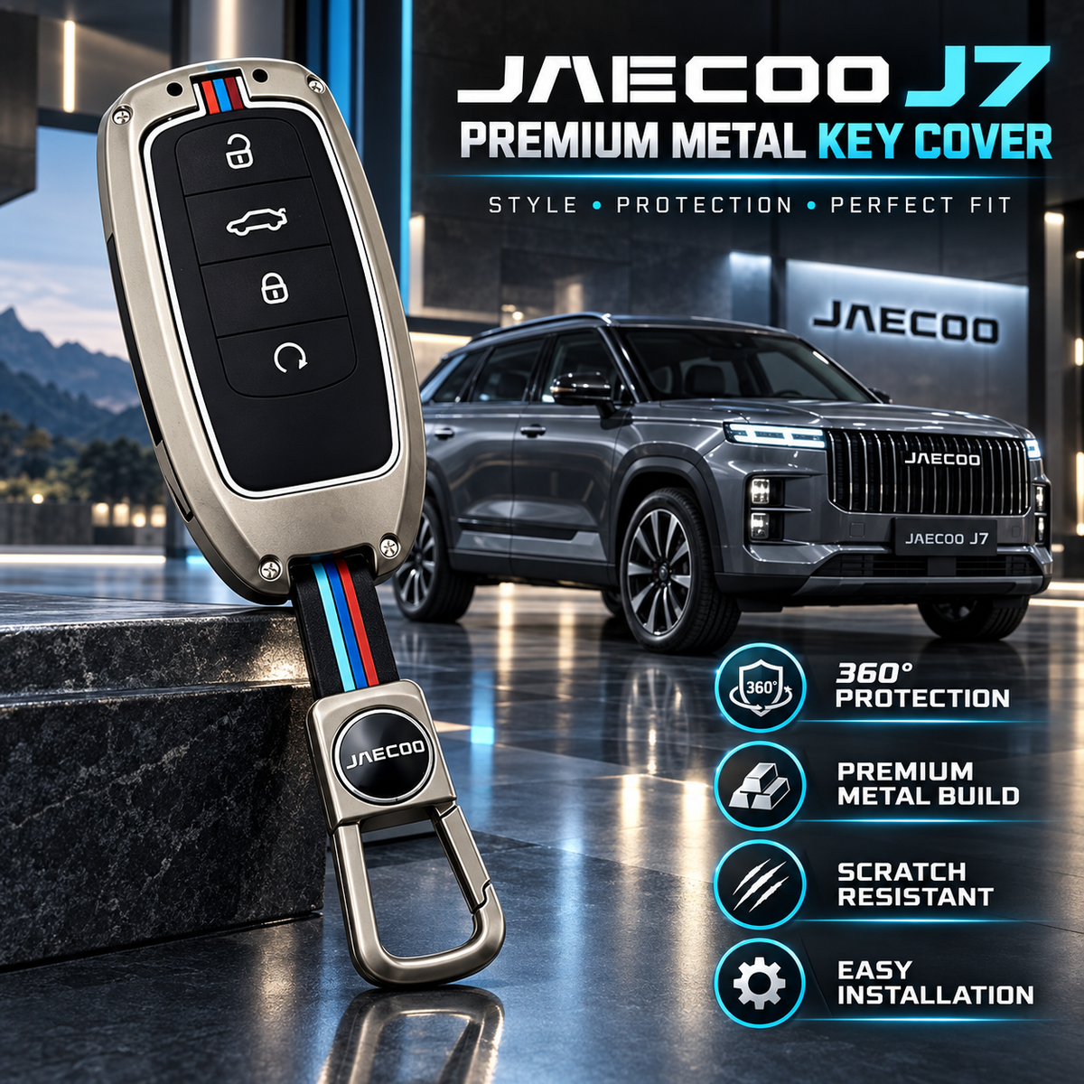 Jaecoo J7, Jaecoo J7 Key Cover, Jaecoo J7 Key Case, Jaecoo J7 Accessories, Jaecoo Accessories, Metal Key Cover, Zinc Alloy Key Cover, Smart Key Cover, 4 Button Key Cover, Car Key Case, Gunmetal Key Cover, Premium Keychain, Car Accessories, Key Protector, Jaecoo Keychain
