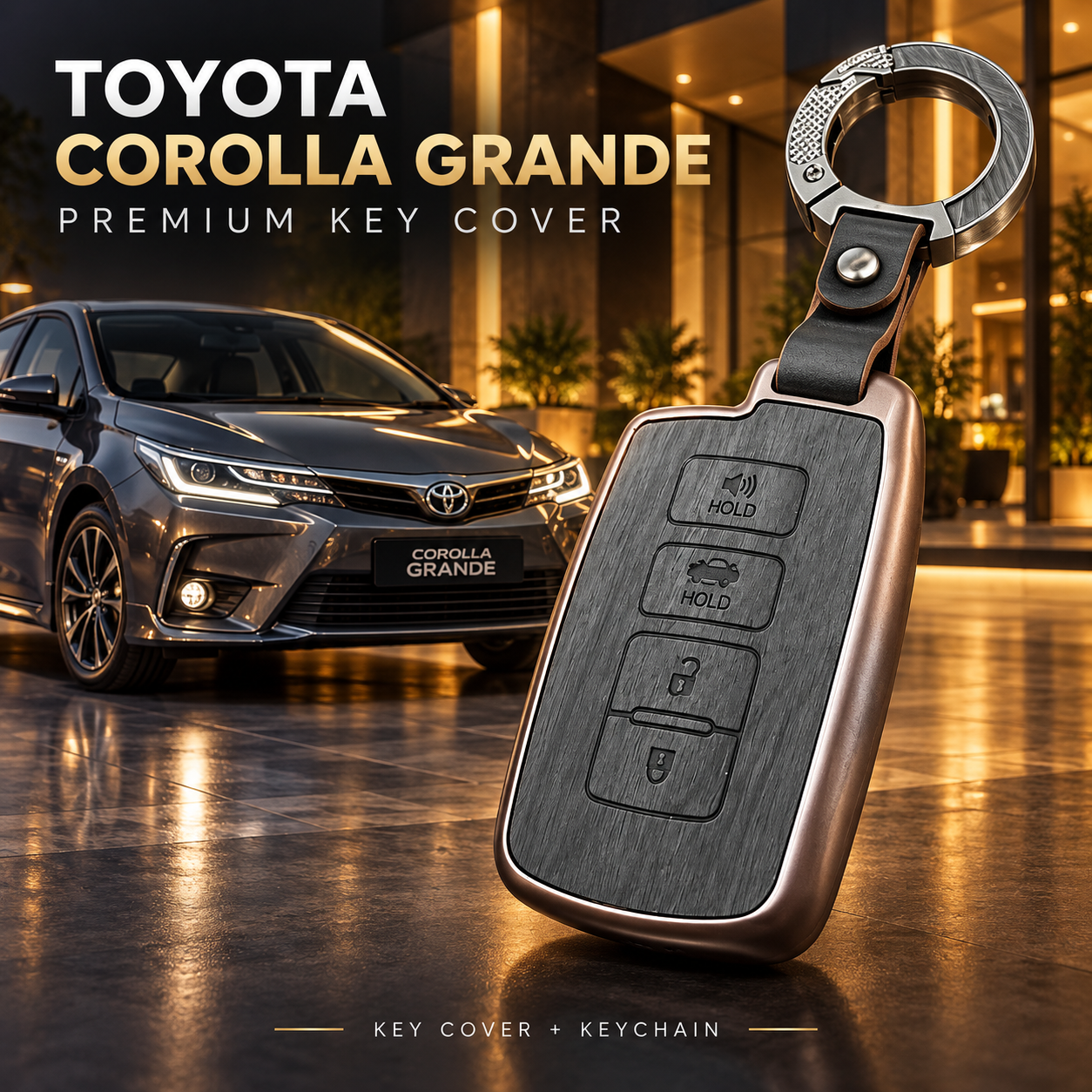 Toyota, Toyota Corolla, Corolla Grande, Toyota Corolla Grande, Grande Key Cover, Corolla Key Cover, Toyota Key Cover, Corolla Grande Key Case, Toyota Remote Cover, Corolla Remote Cover, Grande Remote Cover, Smart Key Cover, Smart Key Case, Remote Key Case, Car Key Cover, Car Key Case, Four Button Key Cover, 4 Button Key Case, Key Cover with Keychain, Car Keychain, Metal Ring Keychain, Gunmetal Brown Key Cover, Brown Key Case, Premium Key Cover, Toyota Accessories, Corolla Accessories, Corolla Grande Accesso