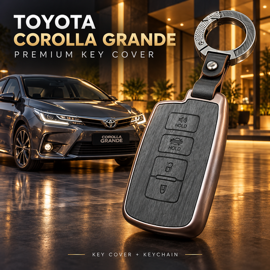 Toyota, Toyota Corolla, Corolla Grande, Toyota Corolla Grande, Grande Key Cover, Corolla Key Cover, Toyota Key Cover, Corolla Grande Key Case, Toyota Remote Cover, Corolla Remote Cover, Grande Remote Cover, Smart Key Cover, Smart Key Case, Remote Key Case, Car Key Cover, Car Key Case, Four Button Key Cover, 4 Button Key Case, Key Cover with Keychain, Car Keychain, Metal Ring Keychain, Gunmetal Brown Key Cover, Brown Key Case, Premium Key Cover, Toyota Accessories, Corolla Accessories, Corolla Grande Accesso