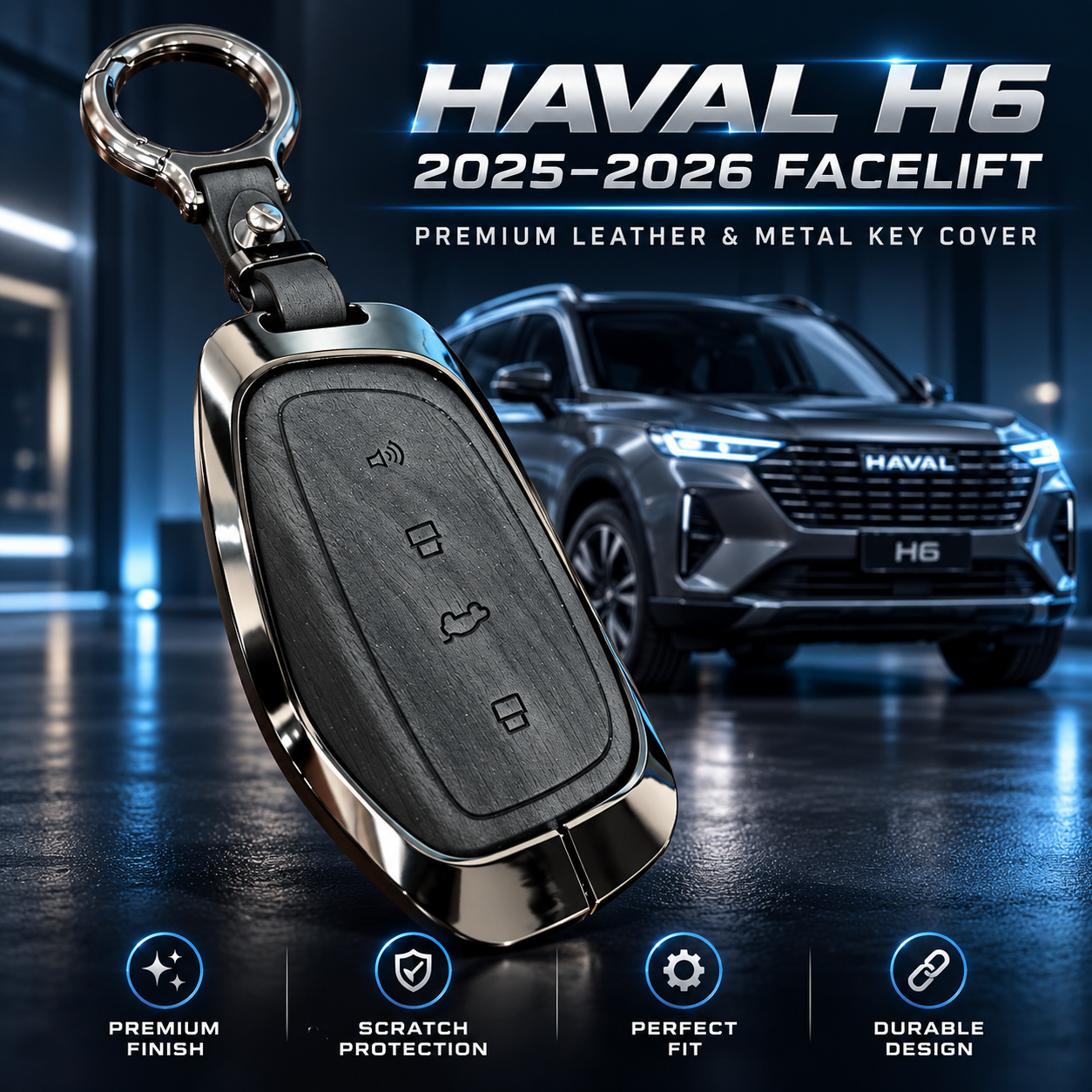 Haval H6 Key Cover, Haval H6 Facelift Key Cover, Haval H6 2025 Key Cover, Haval H6 2026 Key Cover, Haval H6 Remote Cover, Haval H6 Smart Key Case, Haval Four Button Key Cover, Haval Leather Key Cover, Haval Metal Key Cover, Leather and Metal Key Case, Haval H6 Keychain Cover, Premium Car Key Cover, Gunmetal Key Cover, Scratch Resistant Key Case, Haval H6 Accessories Pakistan, Car Key Cover Pakistan