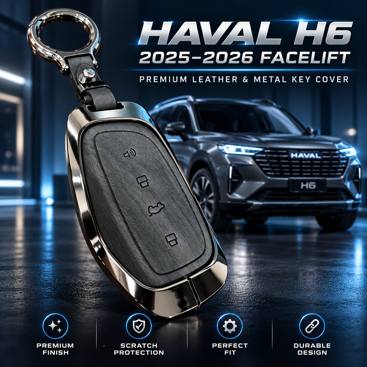 Haval H6 Key Cover, Haval H6 Facelift Key Cover, Haval H6 2025 Key Cover, Haval H6 2026 Key Cover, Haval H6 Remote Cover, Haval H6 Smart Key Case, Haval Four Button Key Cover, Haval Leather Key Cover, Haval Metal Key Cover, Leather and Metal Key Case, Haval H6 Keychain Cover, Premium Car Key Cover, Gunmetal Key Cover, Scratch Resistant Key Case, Haval H6 Accessories Pakistan, Car Key Cover Pakistan